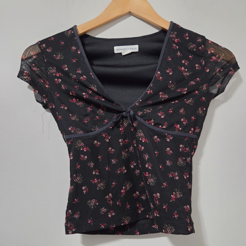 Aeropostale Womens XXS Black Floral Mesh V-Neck Tie Front Cap Sleeve Top Y2K